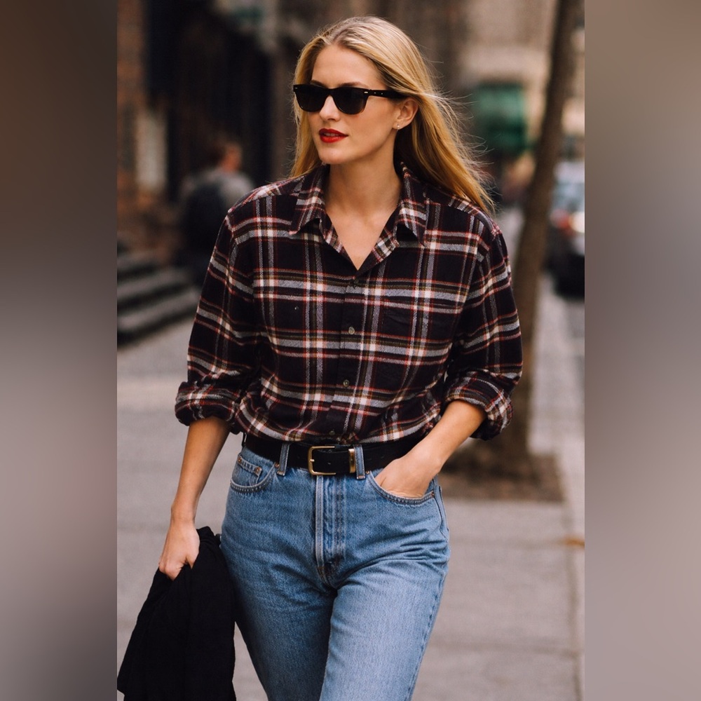 AE Premium Cotton Plaid Button-Up Shirt Black Red $198 NWT Size Medium